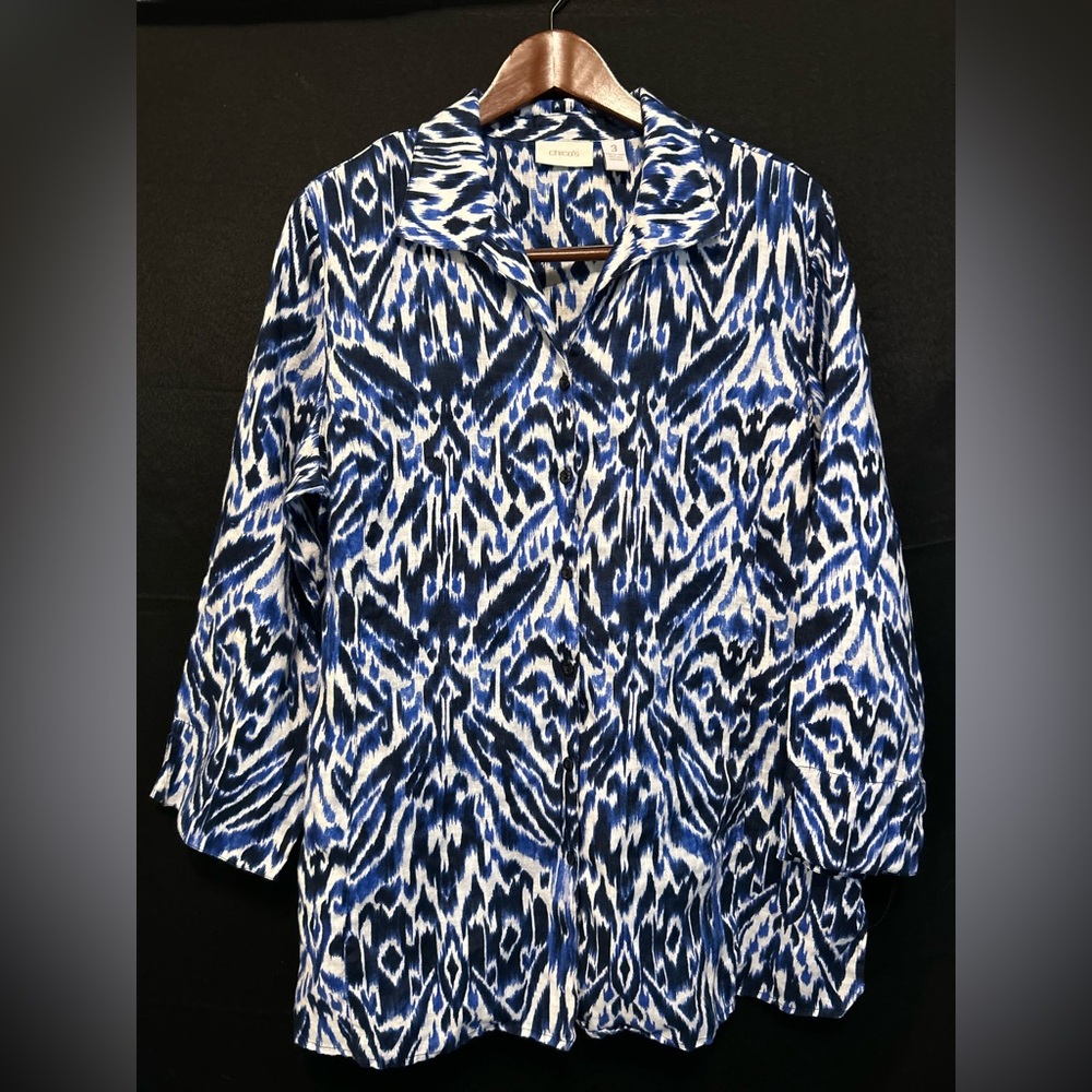 Chico's  100% Linen Blue White Button Front Blouse Shirt 3/4 Sleeves Size 3